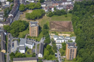 Aerial view, brownfield future miners' school, Knappenstraße, high-rise buildings residential area,