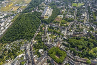 Aerial view, residential area with fallow land for future miners' school, Knappenstraße, high-rise