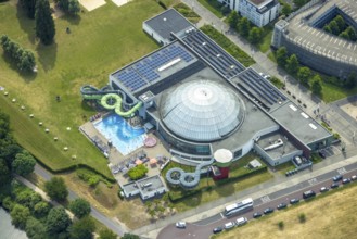 Aerial view, AQUApark Oberhausen adventure pool, outdoor pool with water slide, in Westfield Centro