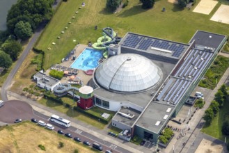 Aerial view, AQUApark Oberhausen adventure pool, outdoor pool with water slide, in Westfield Centro