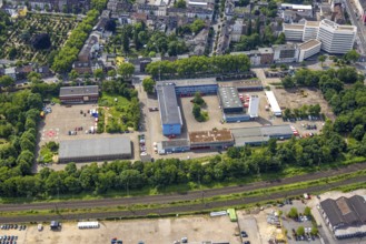 Aerial view, fire station and rescue station fire brigade Oberhausen, top right employment agency