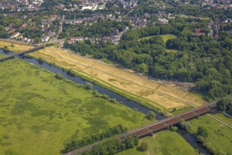Aerial view, Ruhr river and Ruhr valley with railway bridge, construction site Am Ruhrufer and