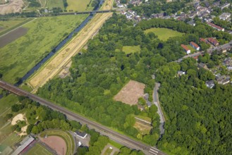 Aerial view, Ruhrpark forest area, railway bridge and river Ruhr with Ruhr bank, sports field in