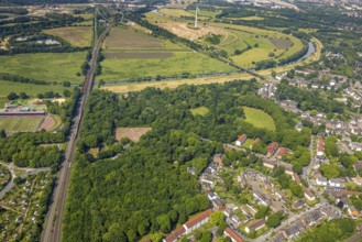 Aerial view, Ruhrpark forest area, railway bridge and river Ruhr with Ruhr bank, sports field in