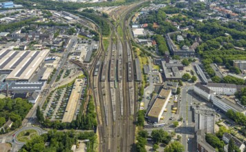 Aerial view, general view Oberhausen main station Hbf, ZOB bus station, main post office,