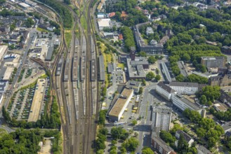 Aerial view, general view Oberhausen main station Hbf, ZOB bus station, main post office,