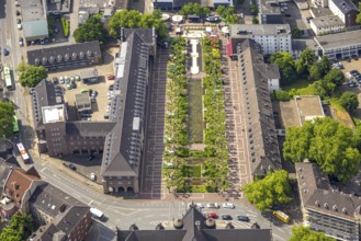 Aerial view, Friedensplatz park with pond and green trees, police station, shapes and colours,