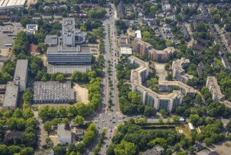 Aerial view, Berufsförderungswerk Oberhausen training centre, Bebelstraße with green trees,