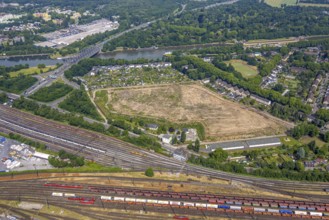Aerial view, cleared old lime sludge landfill, Rhine-Herne Canal and allotment garden association