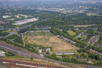 Aerial view, cleared old lime sludge landfill, Rhine-Herne Canal and allotment garden association
