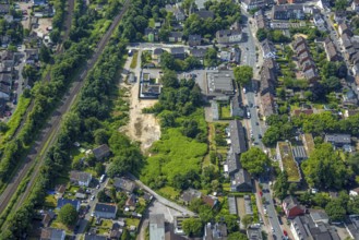 Aerial view, Netto supermarket, construction site with new building Rehmer corner Bebelstraße,