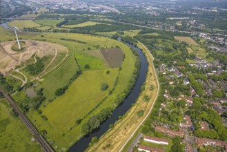 Aerial view, Ruhr river and Ruhr valley with railway bridge, construction site Am Ruhrufer and