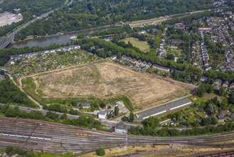 Aerial view, cleared old lime sludge landfill, Rhine-Herne Canal and allotment garden association