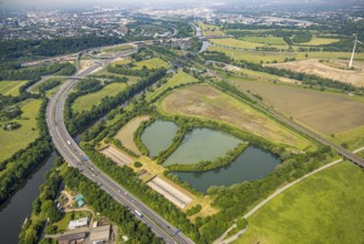 Aerial view, Große Ruhrinsel Klärschlammdeponie am Schifffahrtskanal der Ruhr, motorway A40 and