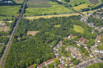 Aerial view, Ruhrpark forest area, railway bridge and river Ruhr with Ruhr bank, sports field in