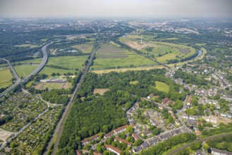 Aerial view, Ruhrpark forest area, railway bridge and river Ruhr with Ruhr bank, sports field in