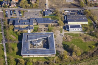 Aerial view, Johann-Conrad-Schlaun-Schule, comprehensive school with solar roof, Nordkirchen,
