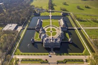Aerial view, Nordkirchen Castle, baroque castle complex, moated castle, construction site with