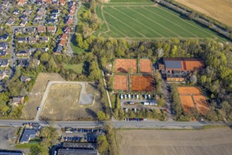 Aerial view, brownfield building plot for planned residential project Am Gorbach, tennis courts TV