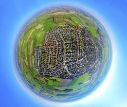 Aerial photo, residential area, local view of Südkirchen, earth globe, fisheye shot, 360 degree