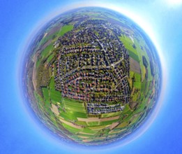 Aerial photo, residential area, local view of Südkirchen, earth globe, fisheye shot, 360 degree