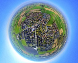 Aerial view, residential area, view of Capelle and Südkirchen, globe, fisheye image, 360 degree