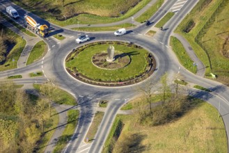 Aerial view, roundabout Ermen with 3-stone sculpture, country road L810, Nordkirchen, Münsterland,