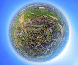Aerial view, residential area, view of Nordkirchen with Nordstadt, earth globe, fisheye image, 360