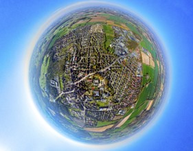 Aerial view, residential area, view of Nordkirchen town centre, commercial area on Cappenberger