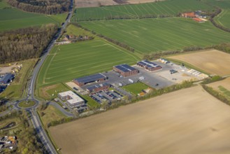 Aerial view, Venneker Group in the Ermener Straße industrial estate, solar roof, roundabout,