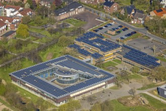 Aerial view, Johann-Conrad-Schlaun-Schule, comprehensive school with solar roof, Nordkirchen,
