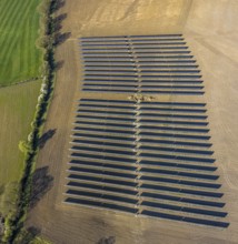 Aerial photo, solar park, open space photovoltaic plant in the farming community of Berger,