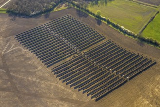 Aerial photo, solar park, open space photovoltaic plant in the farming community of Berger,