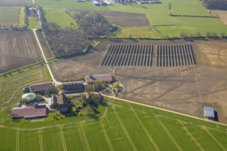 Aerial photo, solar park, open space photovoltaic plant in the Berger farming community,