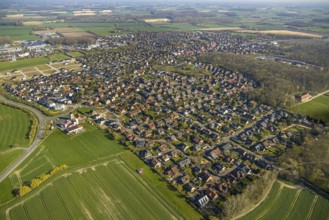 Aerial view, residential area and local view, windmill with mill tower Bergstraße, new residential