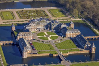 Aerial view, Nordkirchen Castle, baroque castle complex, moated castle, construction site with