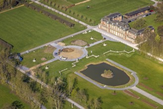 Aerial view, Nordkirchen Castle, baroque castle complex, moated castle, construction site,