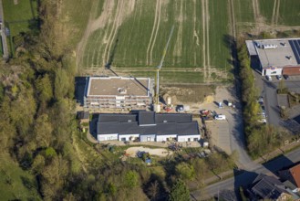 Aerial view, day care centre Hoppetosse construction site with new building, Südkirchen,