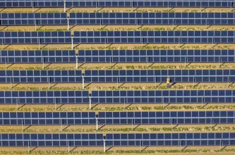 Aerial photo, solar park, open-space photovoltaic plant in the Berger farming community, shapes and