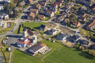 Aerial view, windmill with mill tower Bergstraße, construction site new building residential area,