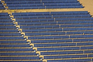 Aerial photo, solar park, open space photovoltaic plant in the farming community of Berger,