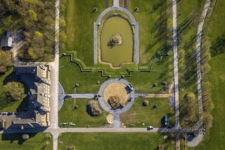 Aerial view, Nordkirchen Castle, baroque castle complex, moated castle, construction site,