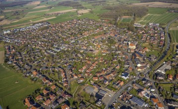 Aerial view, residential area, view of Südkirchen, Nordkirchen, Münsterland, North