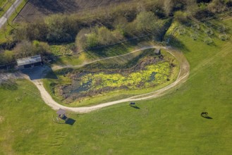Aerial view, horse pasture and pond at Katzbach, Südkirchen, Nordkirchen, Münsterland, North