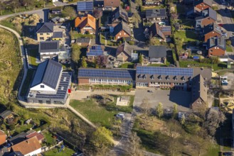 Aerial view, Capelle primary school with solar roof, Capelle, Nordkirchen, Münsterland, North