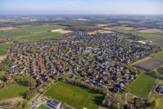 Aerial view, residential area, view of Capelle, meadows and fields with distant view, Capelle,