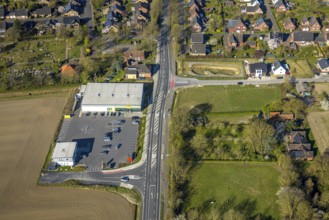 Aerial view, residential area, view of Capelle, Bahnhofstraße with new Netto supermarket, Capelle,