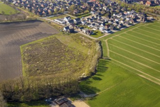 Aerial view, meadow area, single-family houses construction site, new building, residential area