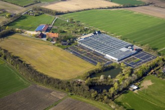 Aerial view, horticultural business Heutinck Pflanzen GmbH, greenhouse and flower bed, Südkirchen,