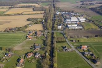 Aerial view, railway station Capelle (Westf), commercial area Magdheide, wooded railway line and